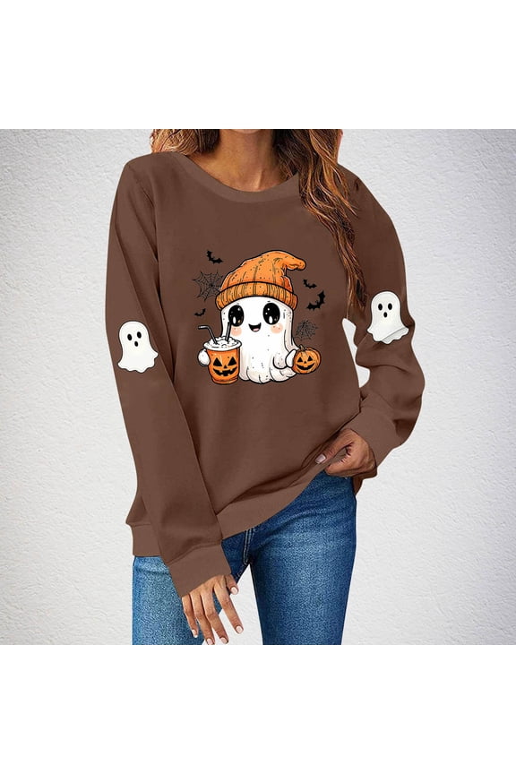 Womens Oversized Sweatshirts Ndbuld Women's Fashion Long Sleeve Round Neck T-Shirt Printing Loose Blouse Hoodless Sweatshirts Brown XL