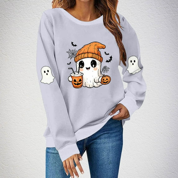 Womens Oversized Sweatshirts Ndbuld Women's Fashion Long Sleeve Round Neck T-Shirt Printing Loose Blouse Hoodless Sweatshirts Gray S