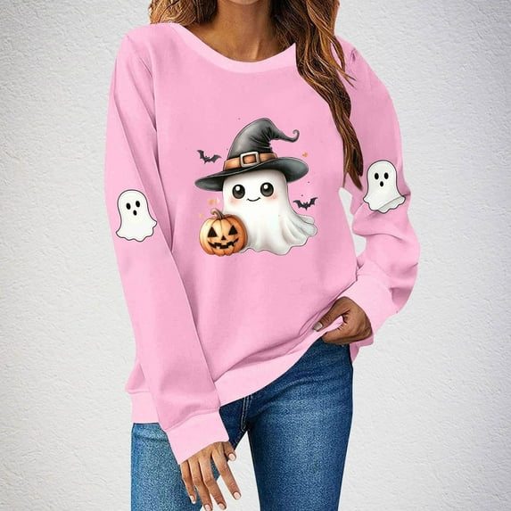 Womens Oversized Sweatshirts Ndbuld Women's Fashion Long Sleeve Round Neck T-Shirt Printing Loose Blouse Hoodless Sweatshirts Pink M