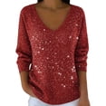 thumbnail image 1 of Womens Oversized Sweatshirts Sequin Print Long Sleeve V Neck Drop Shoulder Plain Pullover Tops Red, 1 of 5