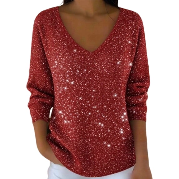 Womens Oversized Sweatshirts Sequin Print Long Sleeve V Neck Drop Shoulder Plain Pullover Tops Red