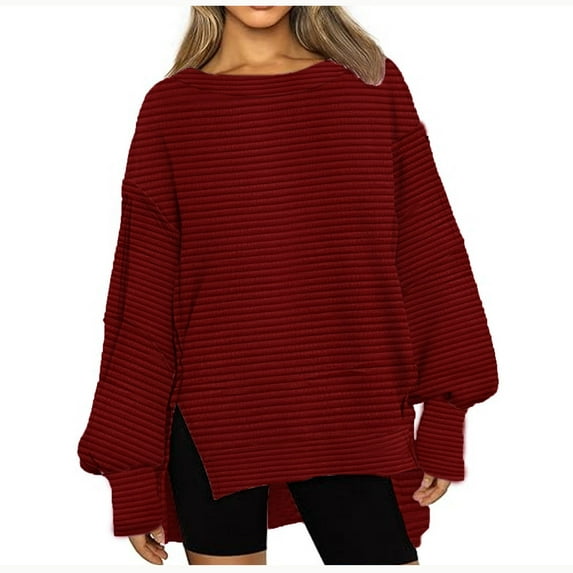 Womens Oversized Sweatshirts Side Slit Casual Crewneck Solid Pullover 100% Polyester Baggy Loose Fall Tops (M, Wine)