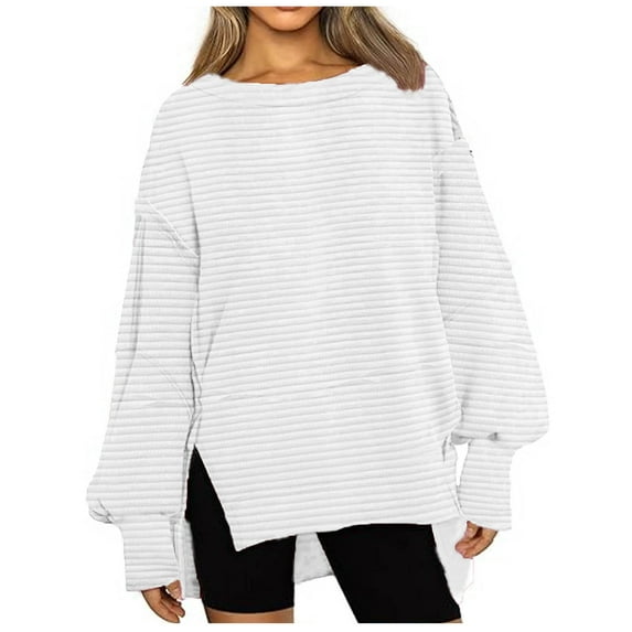 Womens Oversized Sweatshirts Side Slit Casual Crewneck Solid Pullover 100% Polyester Baggy Loose Fall Tops (S, White)