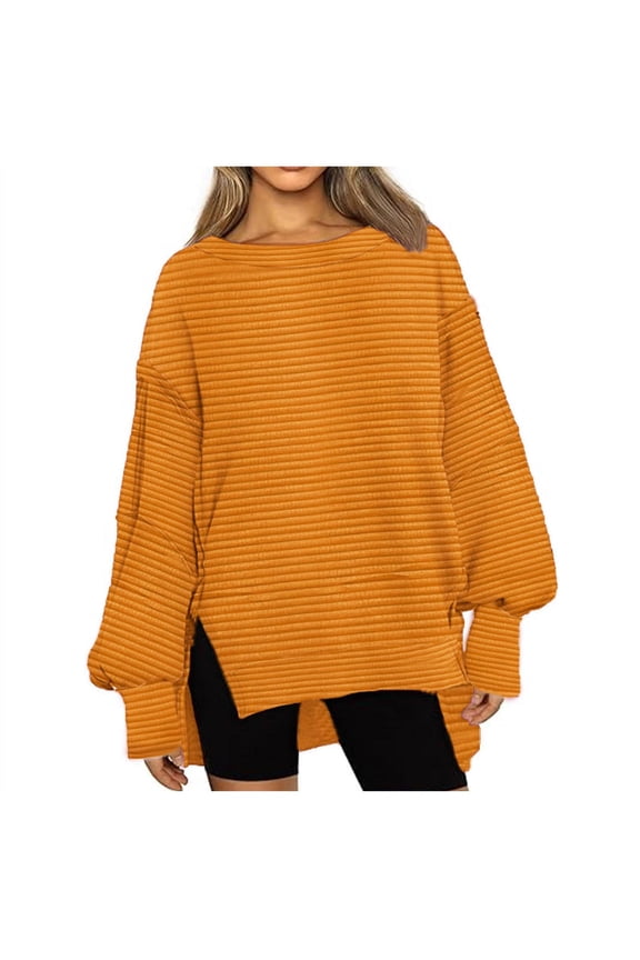 Womens Oversized Sweatshirts Side Split Casual Crewneck Plain Pullover 100% Polyester Baggy Loose Fall Tops (L, Yellow)