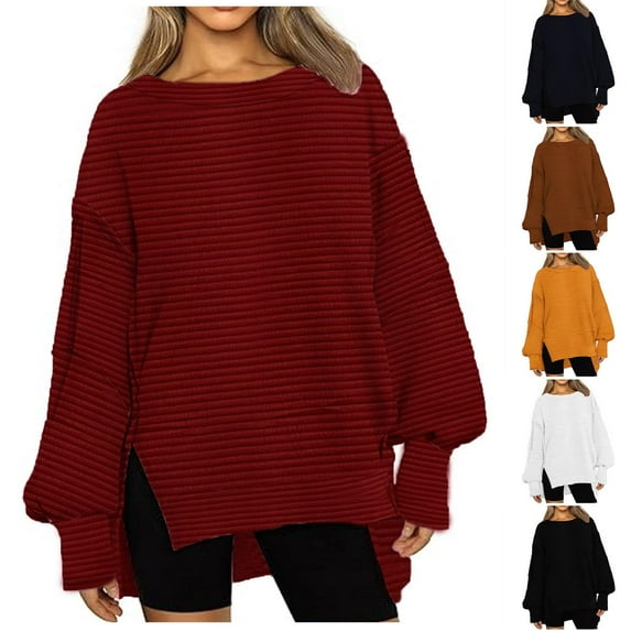 Womens Oversized Sweatshirts Side Split Casual Crewneck Plain Pullover 100% Polyester Baggy Loose Fall Tops (S, Wine)