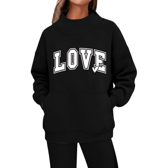 Womens Oversized Sweatshirts Side Split Mock Neck Pullover Love Heart Printed Loose Valentines Tops with Pocket (XL, Black)
