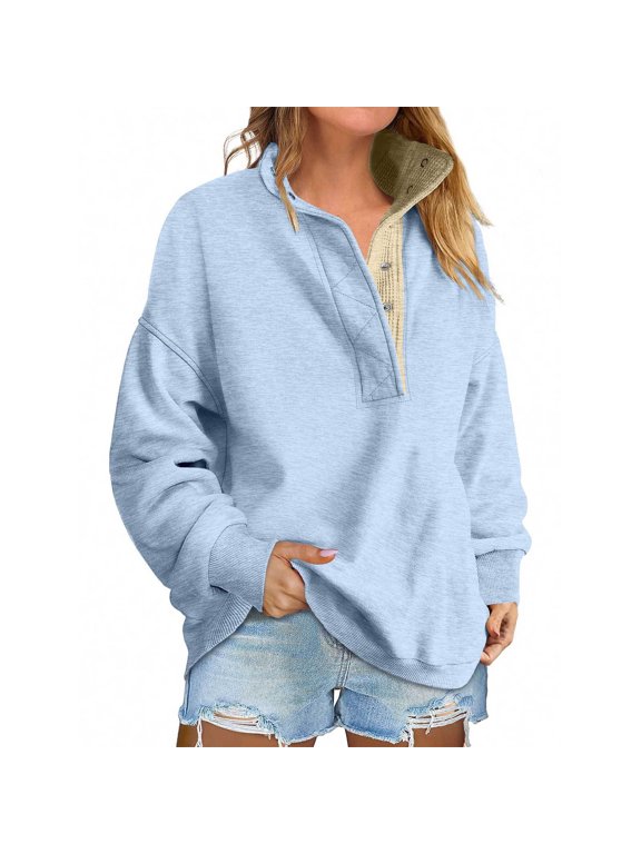 Womens Oversized Sweatshirts with Snap Button Henley Collar | Soft Fleece Pullover Tops Warm Fall Winter Clothes 2026 Cute Fashion Outfits Light Blue L