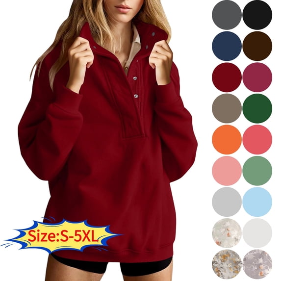 Womens Oversized Sweatshirts with Snap Button Mock Neck Sweatshirt for Women Oversized Long Sleeve Collared Top with Pocket Casual Lounge Wear for Fall Winter Daily