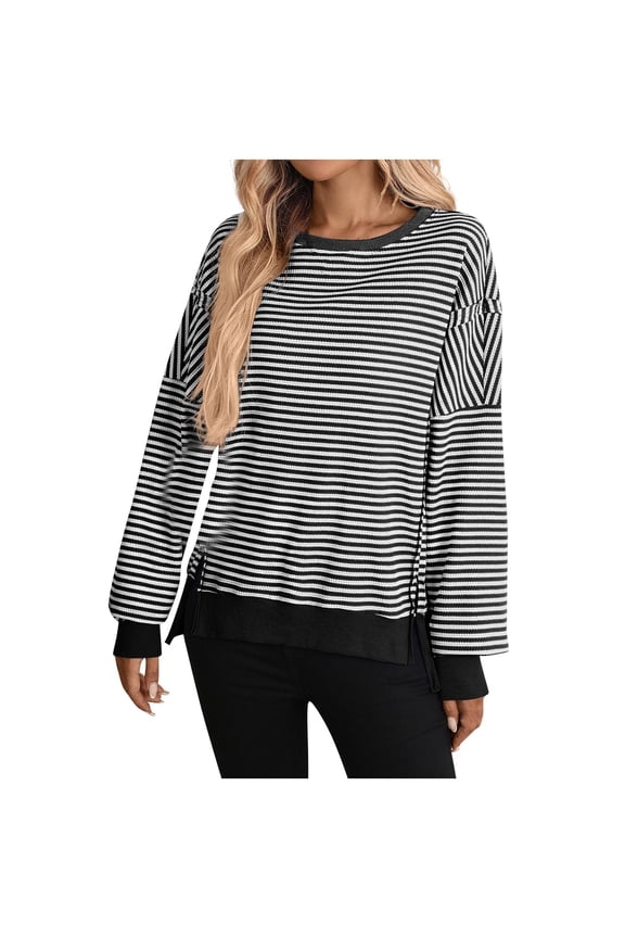 Womens Oversized Sweatshirts Striped Long Sleeve Split Side Ribbed Top Casual Sweatshirt Pullover Tops Black XXL