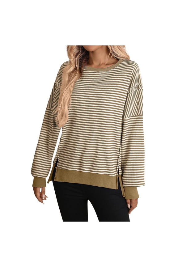 Womens Oversized Sweatshirts Striped Long Sleeve Split Side Ribbed Top Casual Sweatshirt Pullover Tops Khaki L
