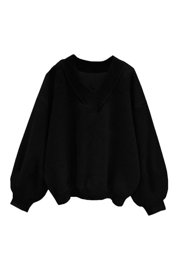 Womens Oversized Sweatshirts Trendy V Neck Long Sleeve Cropped Sweatshirt Casual Loose Pullover Solid Color Top (Black L)