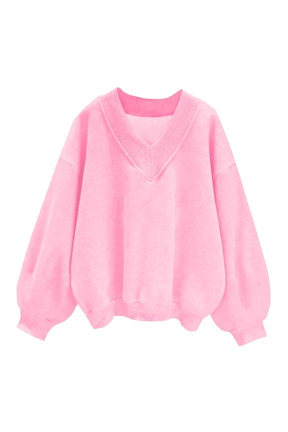 Womens Oversized Sweatshirts Trendy V Neck Long Sleeve Cropped Sweatshirt Casual Loose Pullover Solid Color Top (Pink M)