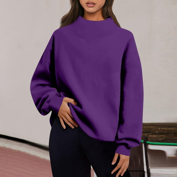 Womens Oversized Sweatshirts Turtleneck Pullover Long Sleeve No Hood Tops Fall Fashion Outfits 2025 Clothes Purple M
