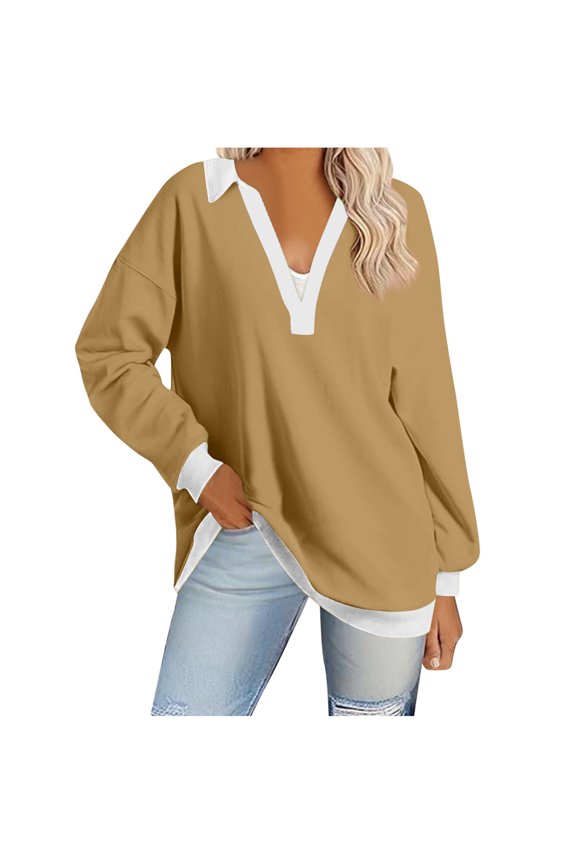 Womens Oversized Sweatshirts V Neck Color Block Pullover Tops Lapel Drop Shoulder Long Sleeve Loose Blouses (M, Khaki)