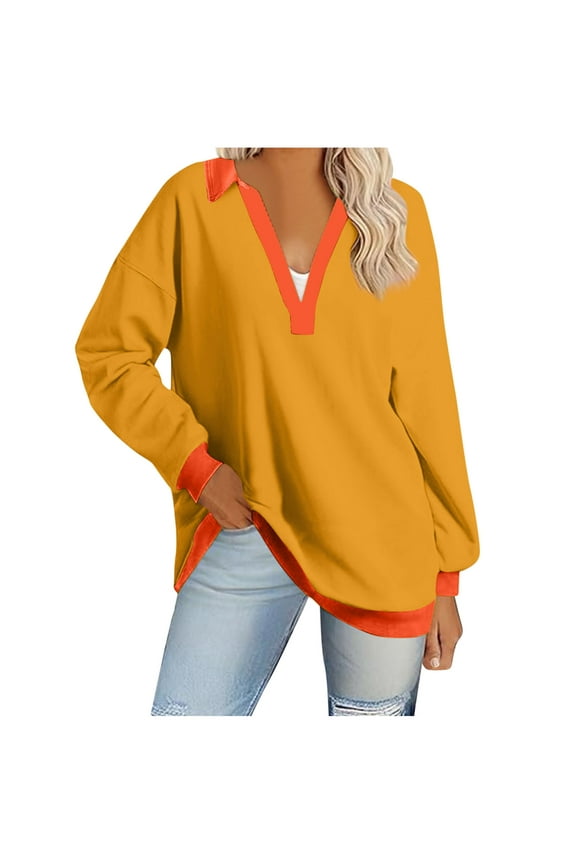 Womens Oversized Sweatshirts V Neck Color Block Pullover Tops Lapel Drop Shoulder Long Sleeve Loose Blouses (XL, Orange)