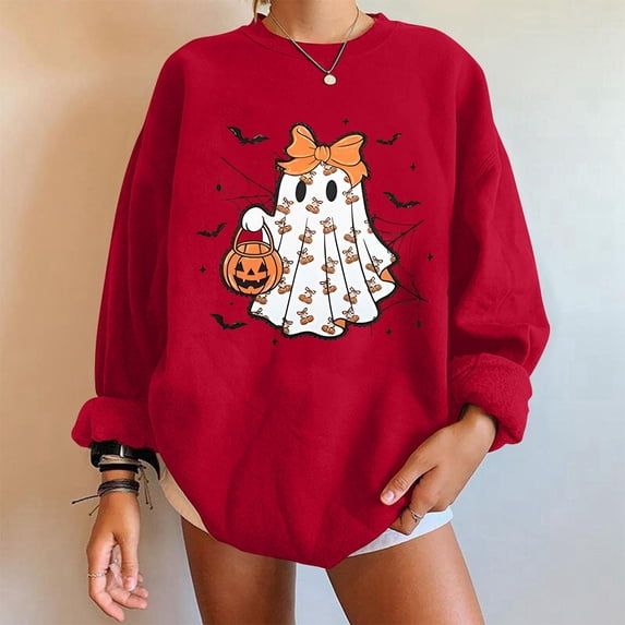 Womens Oversized Sweatshirts Vintage Halloween Ghost Bow Pumpkin Graphic Crew Neck Long Sleeve Pullover Streetwear Party Top Fall Winter Oversized Sweatshirts Red S