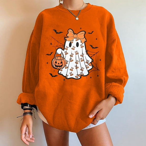 Womens Oversized Sweatshirts Vintage Halloween Ghost Bow Pumpkin Graphic Crew Neck Long Sleeve Pullover Streetwear Party Top Fall Winter Oversized Sweatshirts Orange S