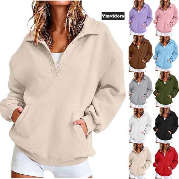 Womens Oversized Sweatshirts Warm Pullover Fall Hoodies | Button Up Quarter Closure V Neck, Athleisure Business Casual Outfits, Cute Winter Clothes Beige M