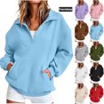 thumbnail image 1 of Womens Oversized Sweatshirts Warm Pullover Fall Hoodies | Button Up Quarter Closure V Neck, Athleisure Business Casual Outfits, Cute Winter Clothes Light Blue L, 1 of 9