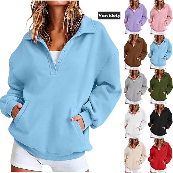 Womens Oversized Sweatshirts Warm Pullover Fall Hoodies | Button Up Quarter Closure V Neck, Athleisure Business Casual Outfits, Cute Winter Clothes Light Blue L