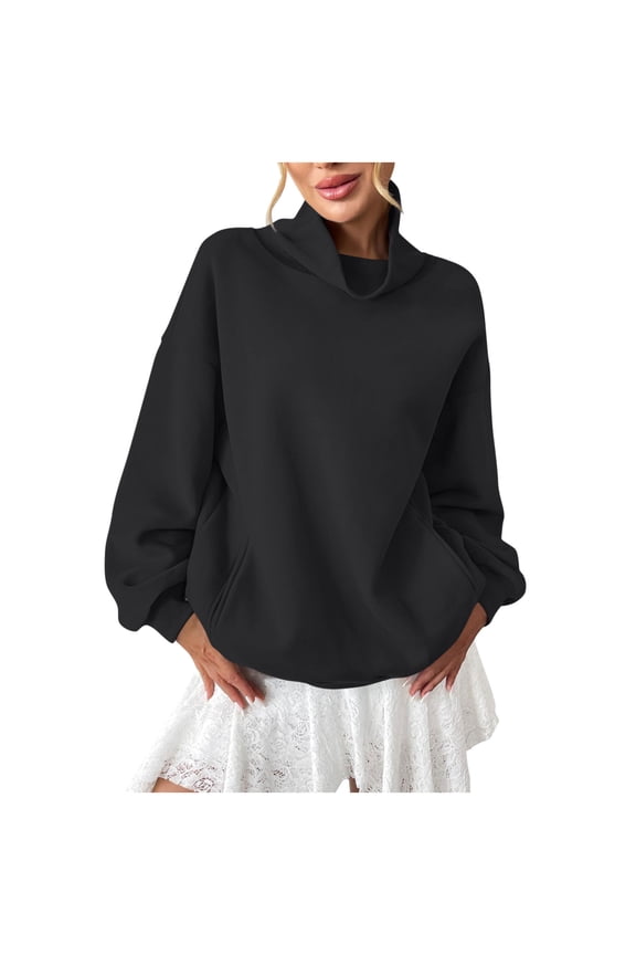 Womens Oversized Sweatshirts with Pocket Cowl Turtleneck Pullover Fleece Cotton Casual Long Sleeve Loose Fall Tops (L, Black)