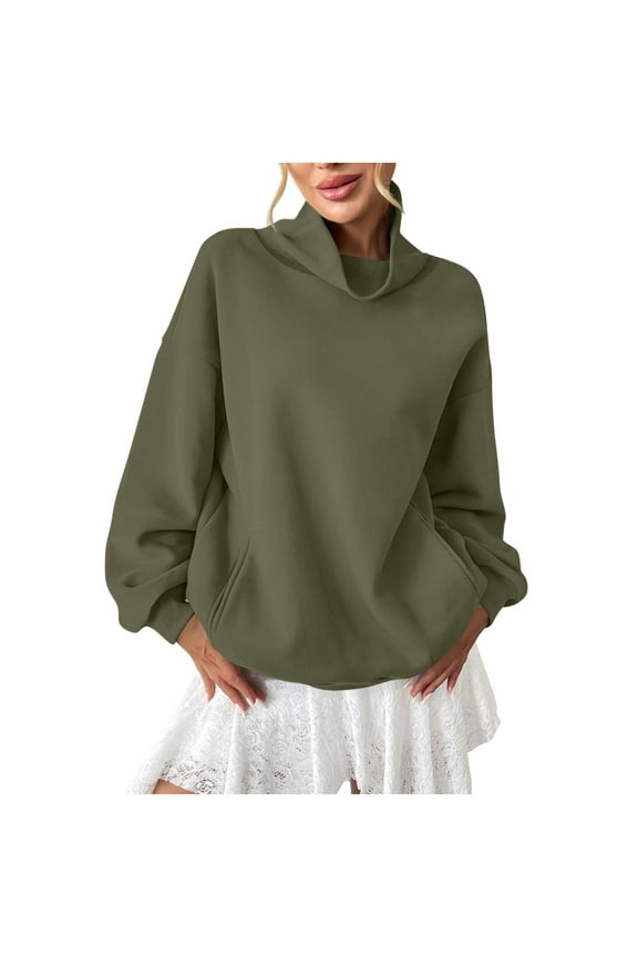 Womens Oversized Sweatshirts with Pocket Cowl Turtleneck Pullover Fleece Cotton Casual Long Sleeve Loose Fall Tops (S, Army Green)