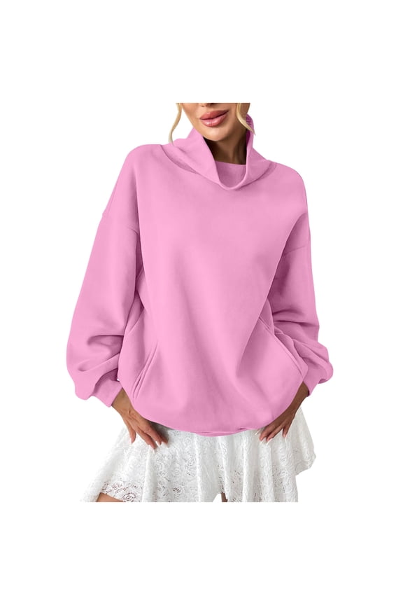 Womens Oversized Sweatshirts with Pocket Cowl Turtleneck Pullover Fleece Cotton Casual Long Sleeve Loose Fall Tops (XL, Pink)