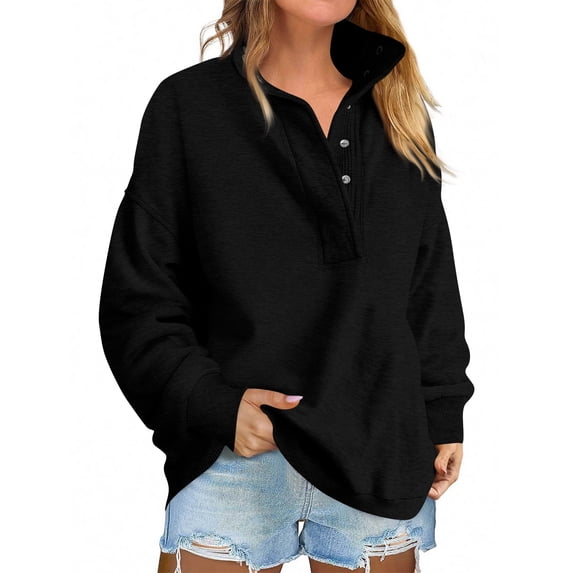 Womens Oversized Sweatshirts with Snap Button Henley Collar | Soft Fleece Pullover Tops Warm Fall Winter Clothes 2026 Cute Fashion Outfits Black L