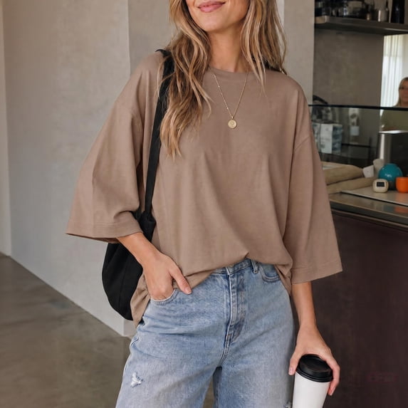 Womens Oversized T Shirts,3/4 Sleeve Boxy Casual Tops,Loose Fit Crew Neck Summer Basic Tee,Lightweight Blouse for Everyday Wear Khaki L