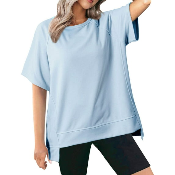 Womens Oversized T Shirts Casual Crewneck Short Sleeve Plain Sweatshirts with No Hood Loose Soft Basic Sports Tee Shirt Trendy Plus Size Sweater Blouses Summer Baggy Tshirt