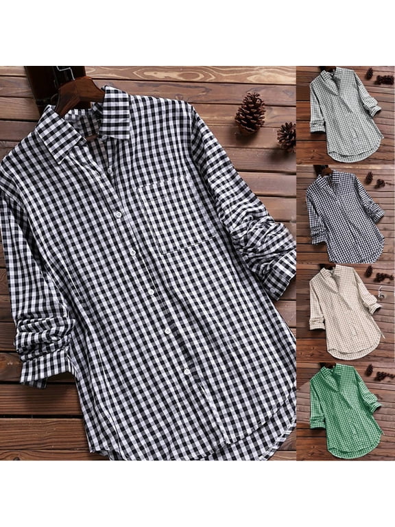 Womens Oversized T-Shirts Casual Summer Check Plaid Button Down Long Sleeved Blouse Flowy Basic Shirts S-6XL