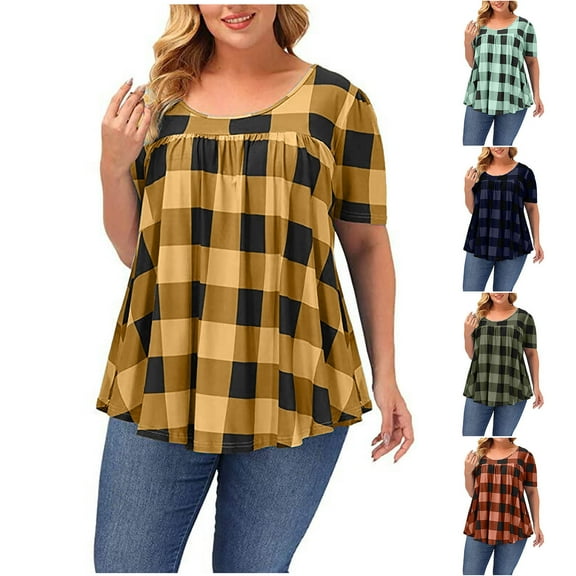 Womens Oversized T Shirts Fashion Classic Colorblock Plaid Print T-Shirt Summer Short Sleeve Shirts Casual Loose Blouses Round Neck Plus Size Tops