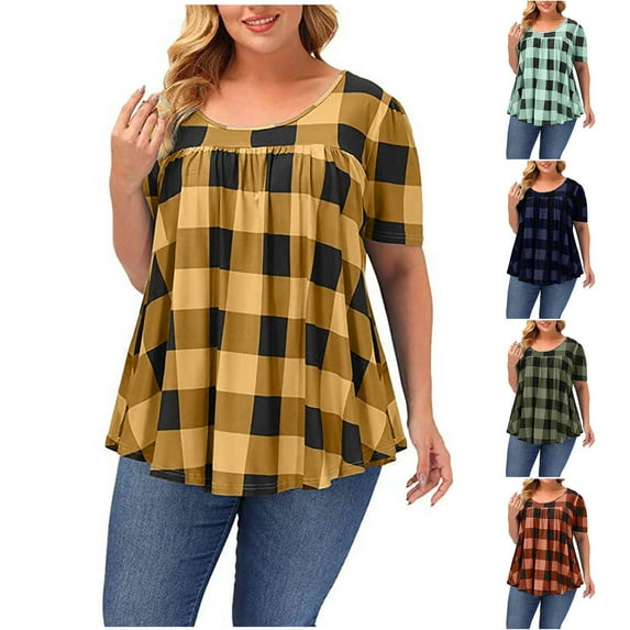 Womens Oversized T Shirts Fashion Classic Colorblock Plaid Print T-Shirt Summer Short Sleeve Shirts Casual Loose Blouses Round Neck Plus Size Tops