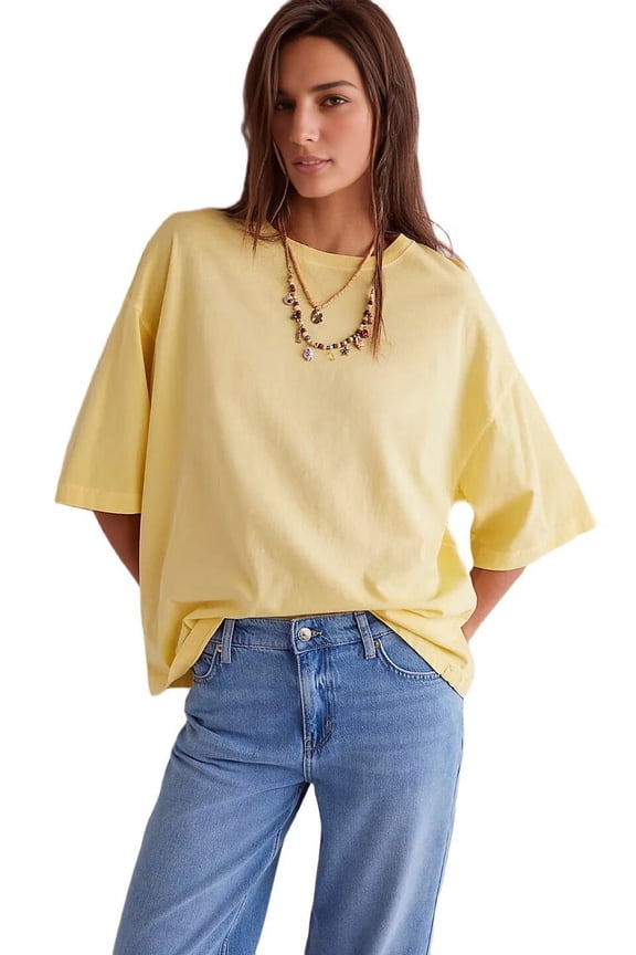 Womens Oversized T Shirts Loose Fit Crewneck Short Sleeve Tops Summer Casual Blouse Y2K Basic Tee Beach Yellow M