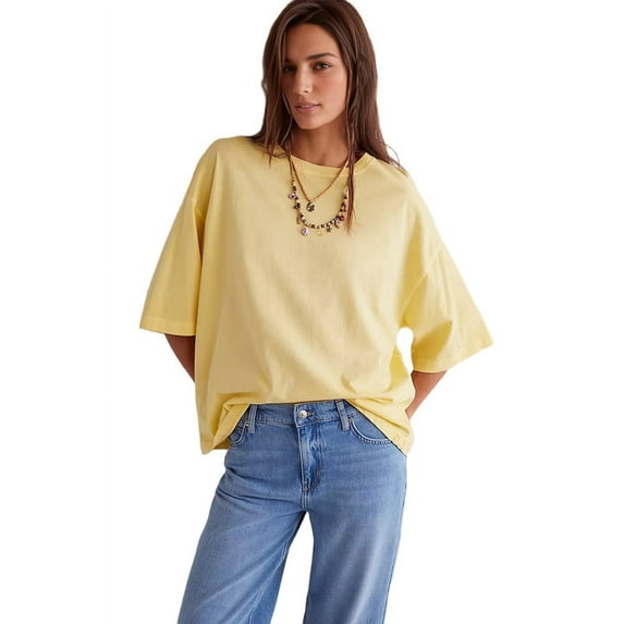 Womens Oversized T Shirts Loose Fit Crewneck Short Sleeve Tops Summer Casual Blouse Y2K 2025 Basic Tee Beach Yellow S