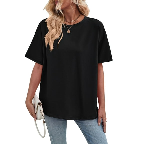 Womens Oversized T Shirts Loose Fit Crewneck Short Sleeve Tops Summer Casual Blouse Y2K 2025 Basic Tee Black XL