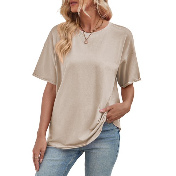 Womens Oversized T Shirts Loose Fit Crewneck Short Sleeve Tops Summer Casual Blouse Y2K 2025 Basic Tee Khaki S