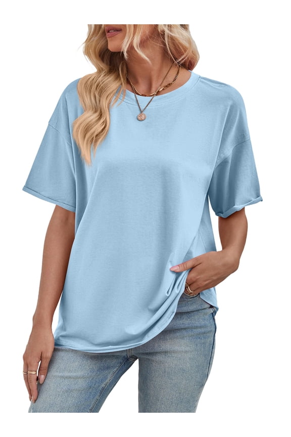 Womens Oversized T Shirts Loose Fit Crewneck Short Sleeve Tops Summer Casual Blouse Y2K 2025 Basic Tee Sky Blue M