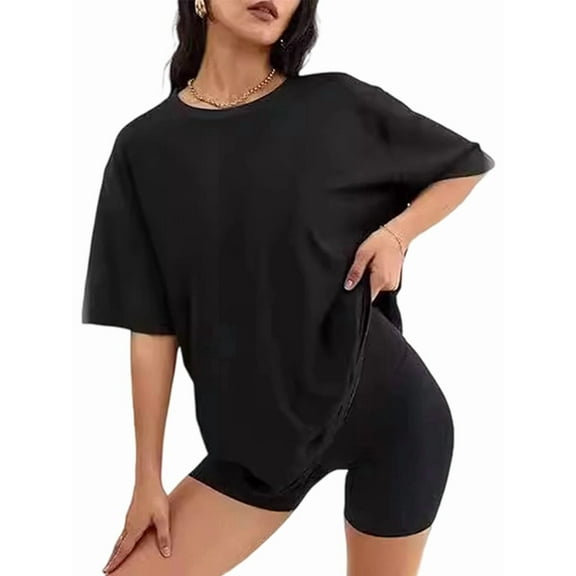 Womens Oversized T Shirts Loose Fit Crewneck Short Sleeve Tops Summer Casual Blouse Y2K Basic Tee Beach Black M