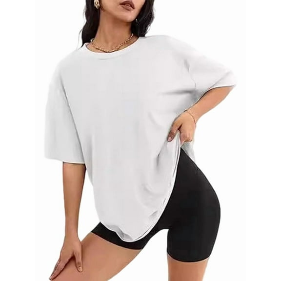 Womens Oversized T Shirts Loose Fit Crewneck Short Sleeve Tops Summer Casual Blouse Y2K Basic Tee Beach White L