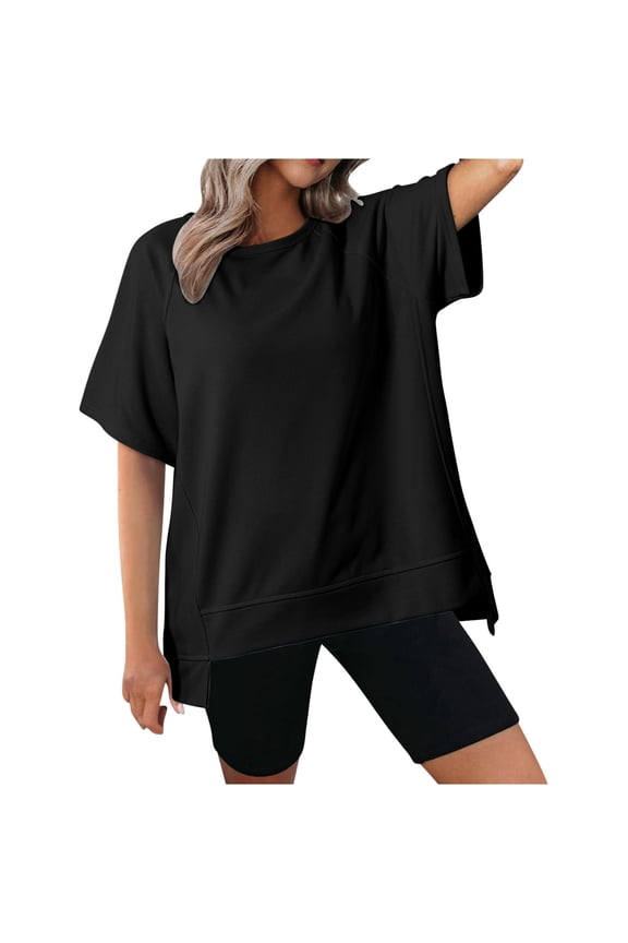 Womens Oversized T Shirts Short Sleeve Shirts Round Neck Summer Tops Casual Loose Tees Side Split S-3XL
