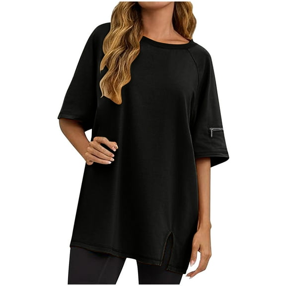 Womens Oversized T Shirts, Short Sleeve Shirts for Women Summer Casual Loose Fit Solid Color Crewneck Tees with Zipper