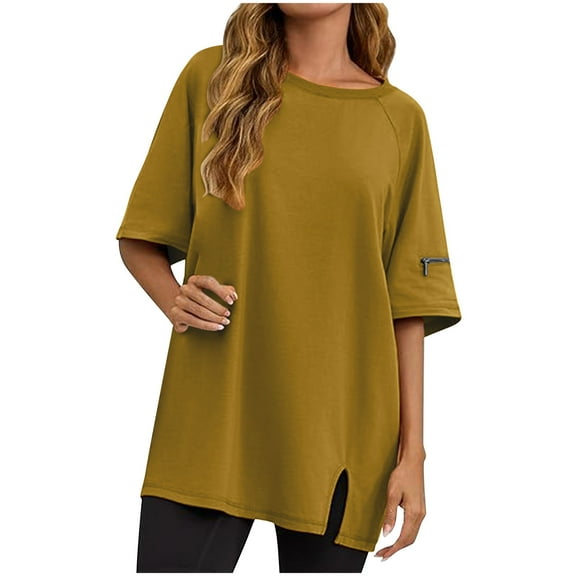 Womens Oversized T Shirts, Short Sleeve Shirts for Women Summer Casual Loose Fit Solid Color Crewneck Tees with Zipper
