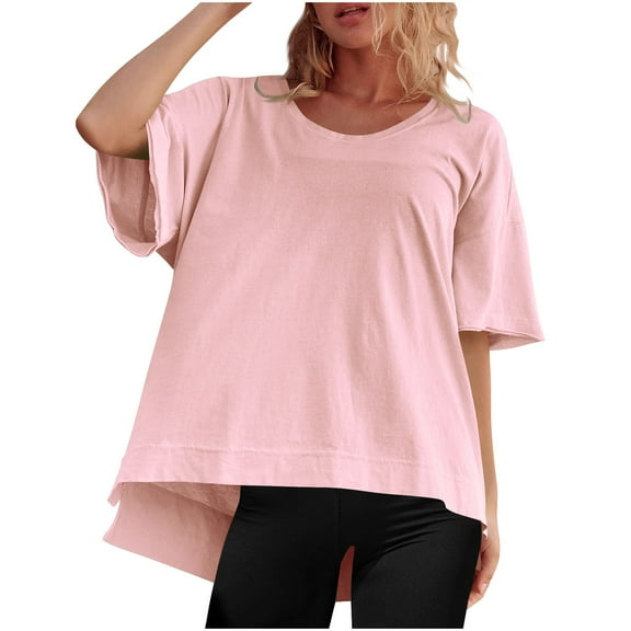 Womens Oversized T-Shirts, Short Sleeve Shirts for Women Summer Casual Loose Fit Solid Color Side Slit Crewneck Tees