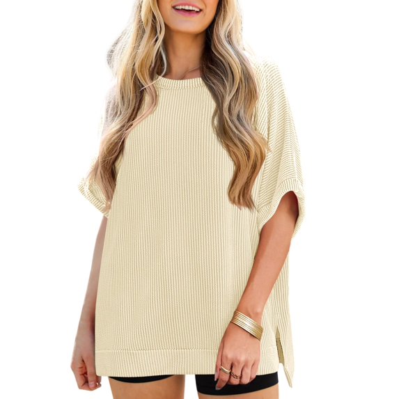 Womens Oversized T Shirts Summer Casual Loose Fit Striped Knit Batwing Sleeves Tunic Tops
