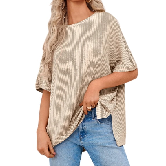 Womens Oversized T Shirts Summer Casual Loose Fit Striped Knit Batwing Sleeves Tunic Tops