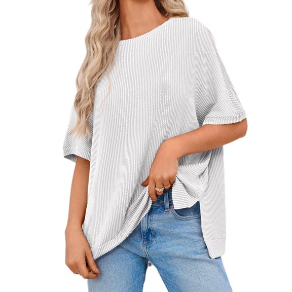 Womens Oversized T Shirts Summer Casual Loose Fit Striped Knit Batwing Sleeves Tunic Tops