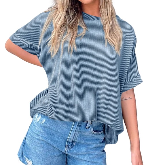 Womens Oversized T Shirts Summer Casual Loose Fit Striped Knit Batwing Sleeves Tunic Tops