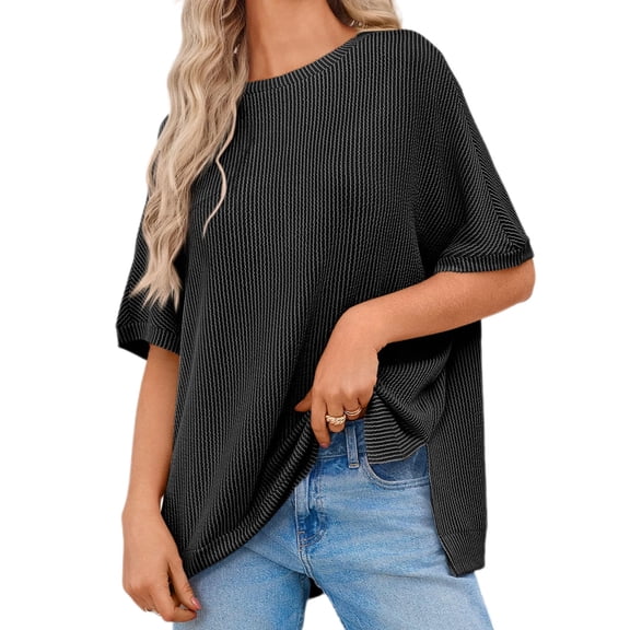 Womens Oversized T Shirts Summer Casual Loose Fit Striped Knit Batwing Sleeves Tunic Tops