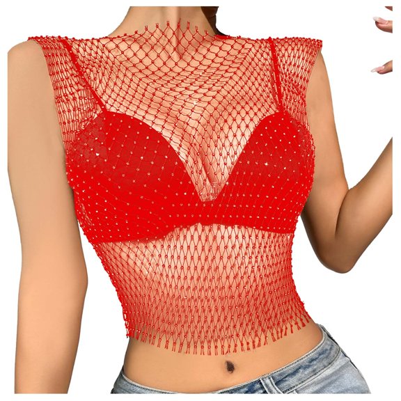 Womens Oversized Tee Shirts Sexy Rhinestone Mesh Tank Crop Blouse Womens Summer Tops Red S